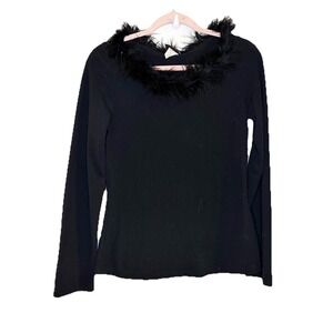 Vintage 90s JKLA California Sparkly Black Feather Trimmed Long Sleeve Womens M